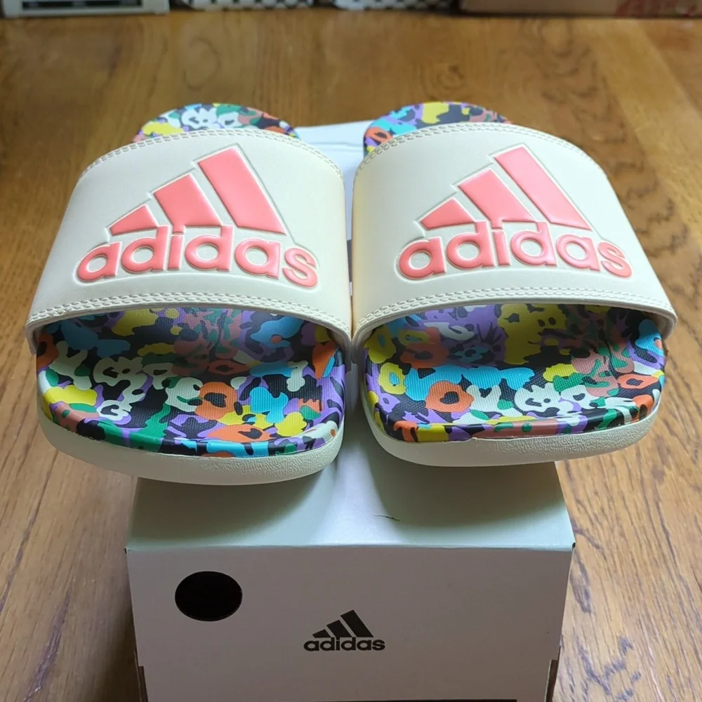 NIB FARM Rio Slide Sandals Adidas Collab Multicolor Abstract Print Womens Size 7 - Picture 2 of 11